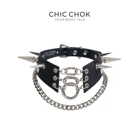 CHICCHOK Handmade Gothic Spike Thick Chain Choker Necklace - 40mm Wide Black Cattle Hide-Zinc Alloy, Cuban Link, Gothic Cross, Adjustable Belt Clasp, Chunky Handmade Jewelry, Dark Style Edgy Spike Chain Jewelry Necklaces, Goth Enthusiasts Daily Wear