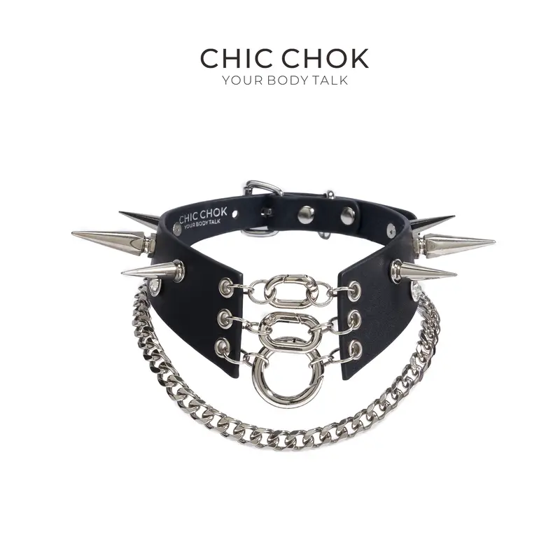 CHICCHOK Handmade Gothic Spike Thick Chain Choker Necklace - 40mm Wide Black Cattle Hide-Zinc Alloy, Cuban Link, Gothic Cross, Adjustable Belt Clasp, Chunky Handmade Jewelry, Dark Style Edgy Spike Chain Jewelry Necklaces, Goth Enthusiasts Daily Wear