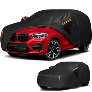 Black Full Car Cover – Waterproof & UV Protection with Orange Reflective Strips, All-Weather Outdoor Full Cover for SUV Sedan Truck, Dustproof Snowproof Anti-Scratch