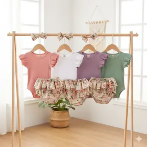 Baby Girl Ruffle Bodysuit & Floral Bloomer Shorts with Headband - Cute Summer Infant Outfits! Trendy Newborn Clothes