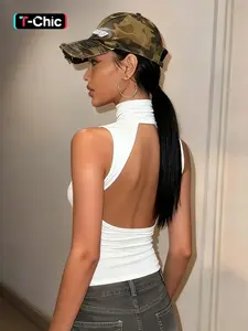 Women's Solid High Neck Cut Out Backless Tank Top, Elegant Chic Sleeveless Sexy Plain Hollow Slim Fit Short Crop Top, Y2K Party Club Date Holiday Beach Vacation Daily Casual Shirt Camisole Tops For Ladies Womenswear Summer Fashion Clothes Wear