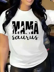 Mama Saurus Mother'S Day Black T-Shirt - Casual Crew Neck, Color Block Design with "MAMA" & "Saurus" Print, All-Season Wear, Regular Fit, Casual Wear Tee | Playful Print Tee | Comfortable Fit Tee