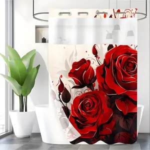 LVRLVR 1pc Romantic Red Rose Floral Shower Curtain with Sheer Top Window, Detachable Liner & No Hook C-Ring, 70.8" x 74"