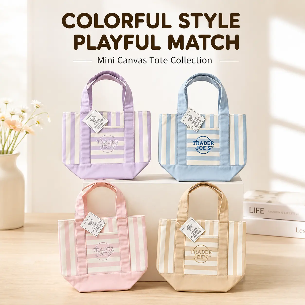 Women's Trader Joe's Mini Pastel Striped Canvas Tote Bag - Reusable Grocery Bag with Front Pocket, Lightweight Textile Needlework Accessory Tote for Lunch Travel
