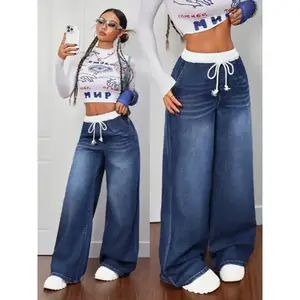 Women's high waisted drawstring loose button denim jeans, casual Korean fashion street wear wide leg jeans, suitable for all seasons, comfortable boyfriend styleRAIMENTRY