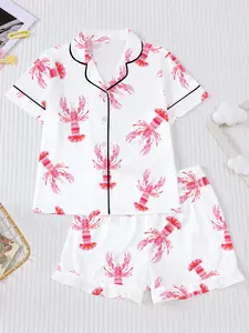 Cute Pippi Shrimp Print Short Sleeve Kids Sleepwear Set, Casual Comfortable Two-Piece Pajama Set for Children, All Seasons Home Wear