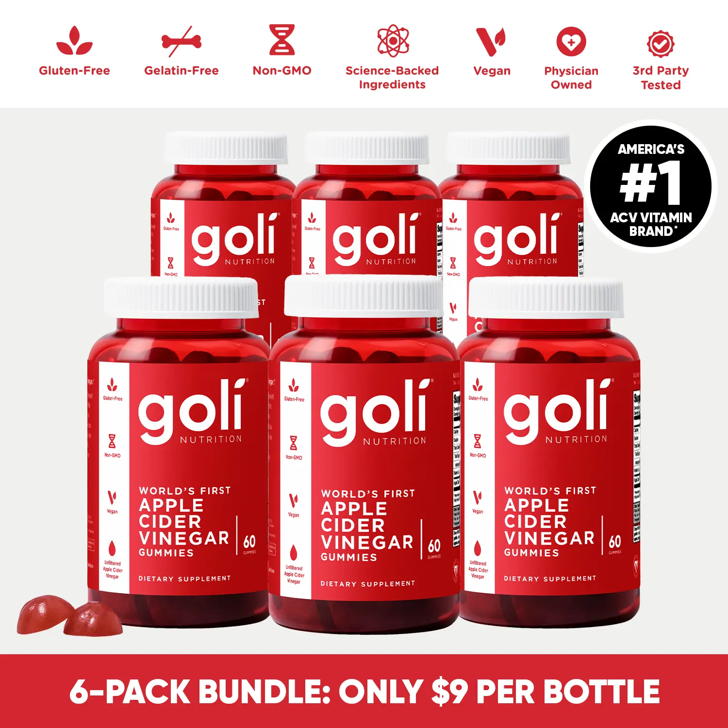 6 Bottles of Goli Apple Cider Vinegar Gummy Vitamins - Vitamin B12, Gelatin-Free, Gluten-Free, Vegan & Non-GMO. 6 Bottles of Goli Apple Cider Vinegar Gummy Vitamins - Vitamin B12, Gelatin-Free, Gluten-Free, Vegan & Non-GMO.