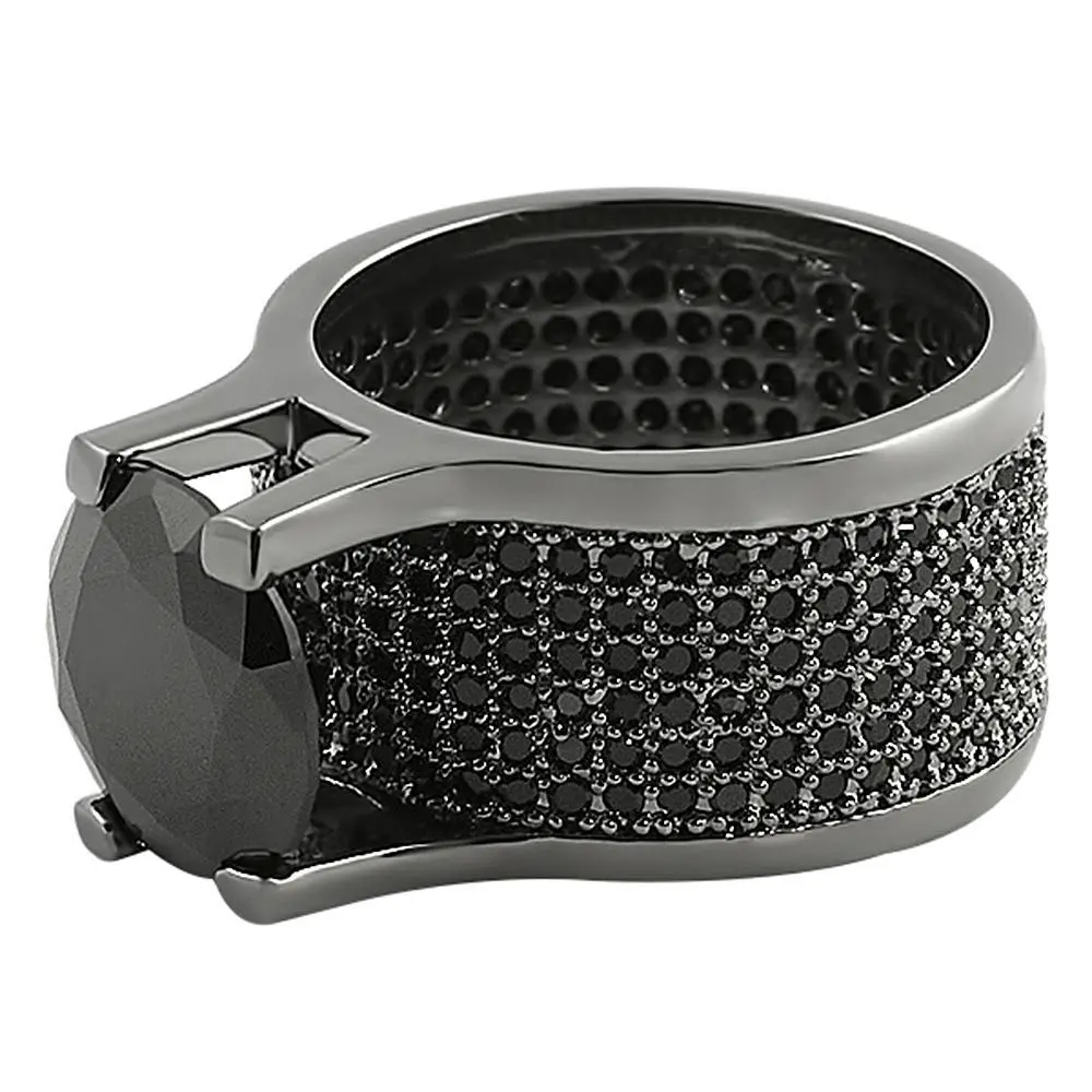 Men's 20ct Black-on-Black Solitaire Statement Ring, Lab Diamond Simulant 360-Degree Pave Eternity Band, Iced-Out Costume Jewelry Ring, Affordable Fashion, Pinky Rings