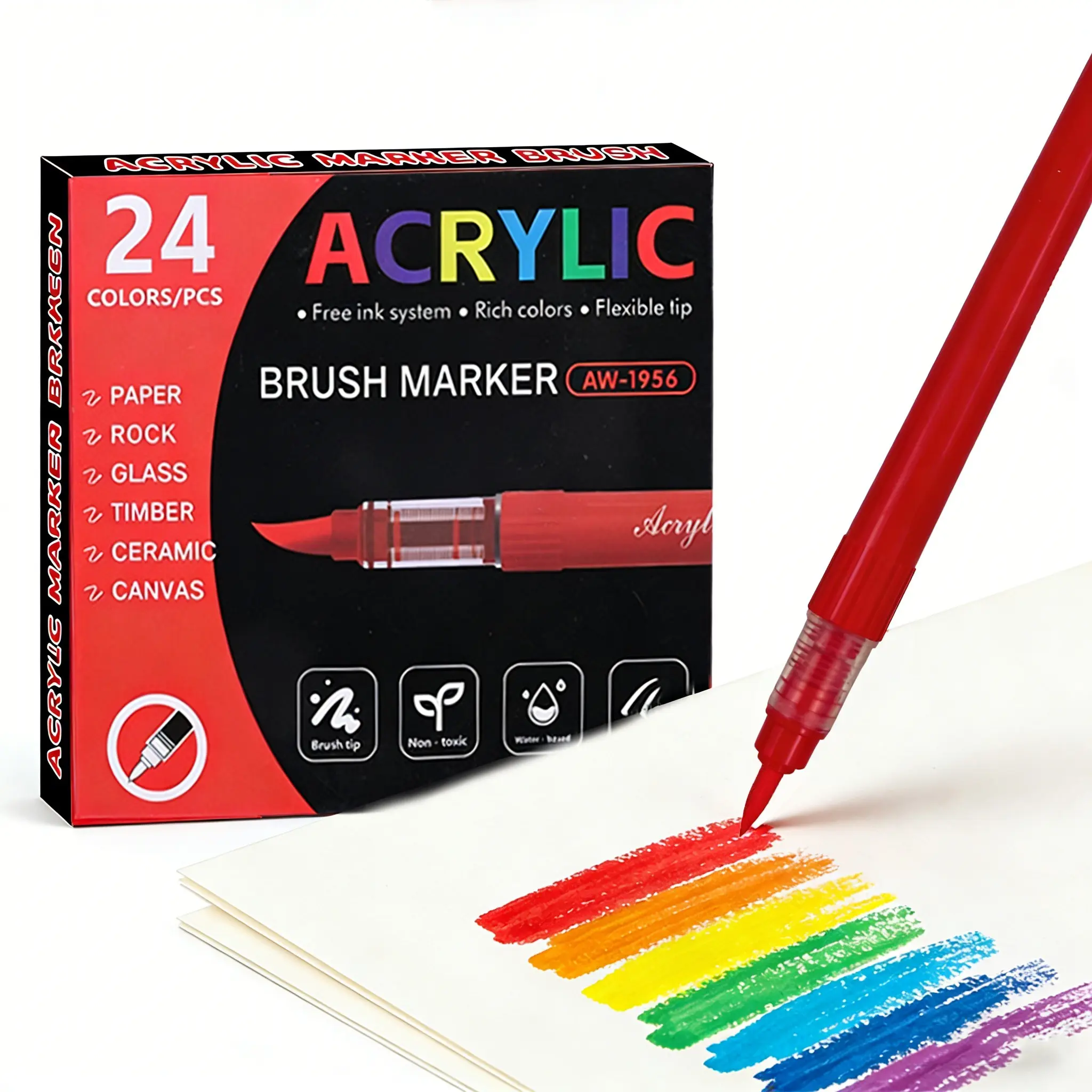 24 Colors Acrylic Markers with Flexible Brush Tip, Smooth Flow for Drawing, Sketching, DIY Crafts and Manga Art
