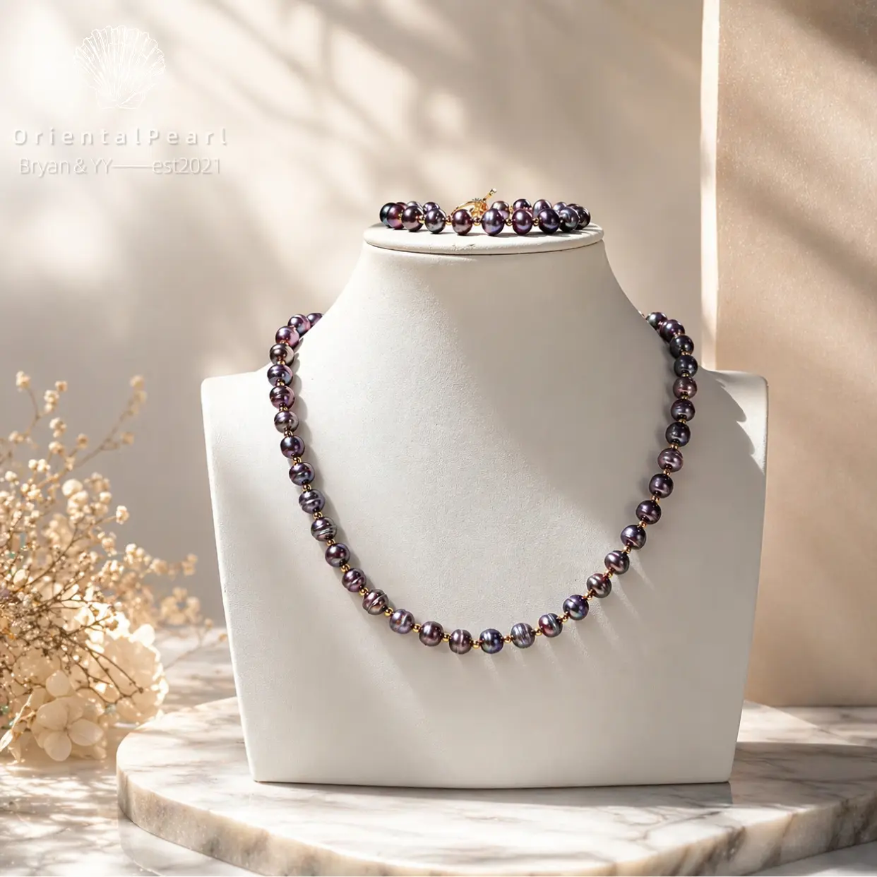 Set10-Dark Purple Iridescent Freshwater Pearl Jewelry Set,Necklace & Bracelet With Gold Color Spacers