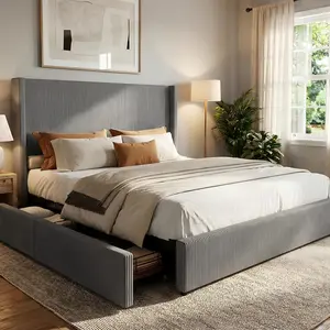 Garvee Queen Size Bed Frame with Storage Drawers, Corduroy Upholstered Platform Bed with Wingback and Tufted Headboard, No Box Spring Needed, Grey
