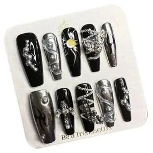 M73 Cool Girl Black long ladder type hand removable press on nails Rhinestone Gel
