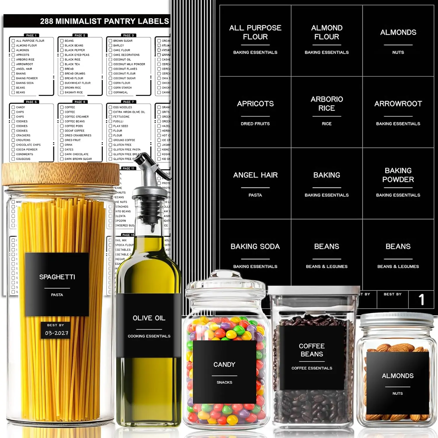 288 Black Preprinted Minimalist Pantry Labels for Containers - 2.5*2.5 inches, 9 Blank Labels, Removable, Tear-and-Peel-Resistant Office Stationery for Kitchen Organization, Storage Bins, Jars