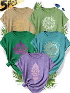 Women's 5-Pack Casual Crew Neck T-Shirts, Gradient Lotus, Mandala Pattern & Butterfly Lotus Print, Multiple Colors Available, Machine Washable, Spring & Summer Top, Soft Skin-Friendly Fabric, Daily Versatile, Fashion Design, Womenswear