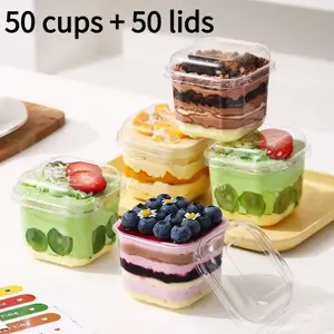 Plastic Dessert Cups with Lids(50 cups + 50 lids) – Square Tiramisu Cake Containers for Mousse, Fruit, Pudding & Parfait | Thick & Durable, Smooth Edge, Clear – Perfect for Restaurants, Cafes, Bakeries & Dessert Shops