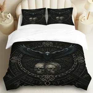 3PCS Duvet Cover Set, 1 Duvet+2 Pillowcases(Without filler), Gothic Raven Skull Chain Norse theme, Halloween bedding set, Dark Art Mysterious Suitable for decoration bedroom living room guest room dormitory.