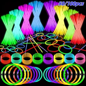 Neon Glow Sticks 50/100 Pack, 8 Inch Multi-Color LED Light Up Party Supplies, DIY Necklace & Bracelet Making, Perfect for Birthdays & Events