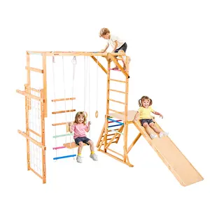 summervibesVEVOR Indoor Playground Jungle Gym, 8-in-1 Wooden Indoor Playground Playset, 220LBS Loading Montessori Climbing Toys with Swing, Slide, Monkey Bar, Gym Rings, Wooden/ Rope Ladder, Climbing Net Bar