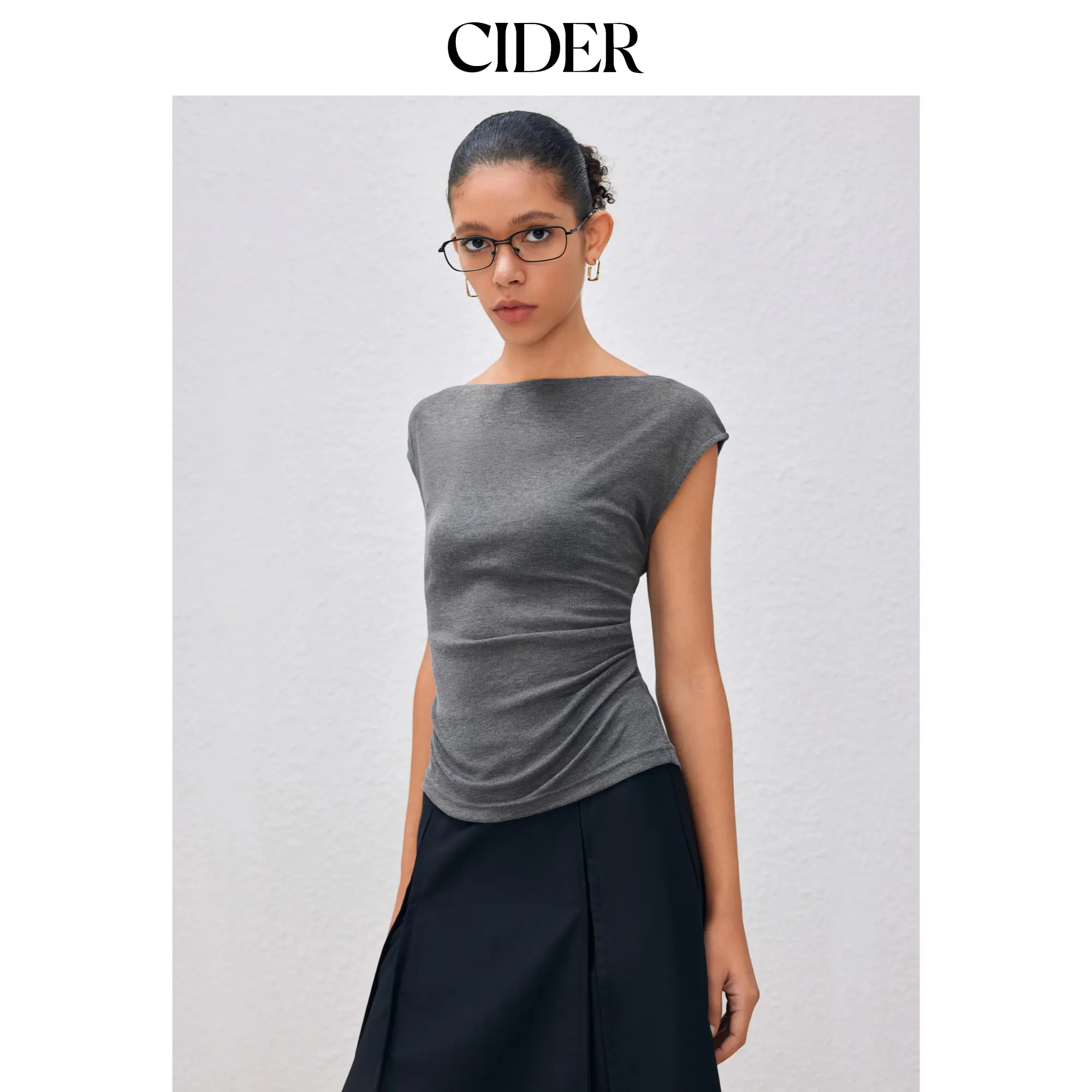 Cider Boat Neck Solid Ruched Short Sleeve Top