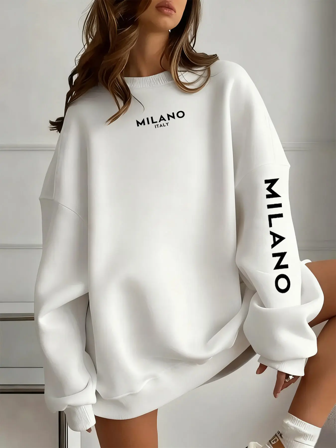 Women's Fleece-Lined Letter Print Graphic Sweatshirt, Tops, Womenswear, Casual Everyday Outdoor Round Neck Long Sleeve Pullover, Loose-Fitting Fall & Winter Fashion