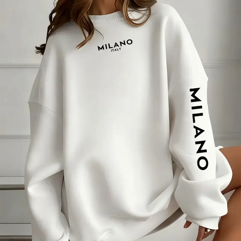 Women's Fleece-Lined Letter Print Graphic Sweatshirt, Tops, Womenswear, Casual Everyday Outdoor Round Neck Long Sleeve Pullover, Loose-Fitting Fall & Winter Fashion