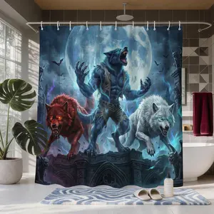 Full Moon Werewolf Shower Curtain, Gothic Fantasy Epic Style Bathroom Decor, Waterproof Moisture-Proof, Includes 12 Hooks, Suitable for Spa Salon Home Hotel Dormitory