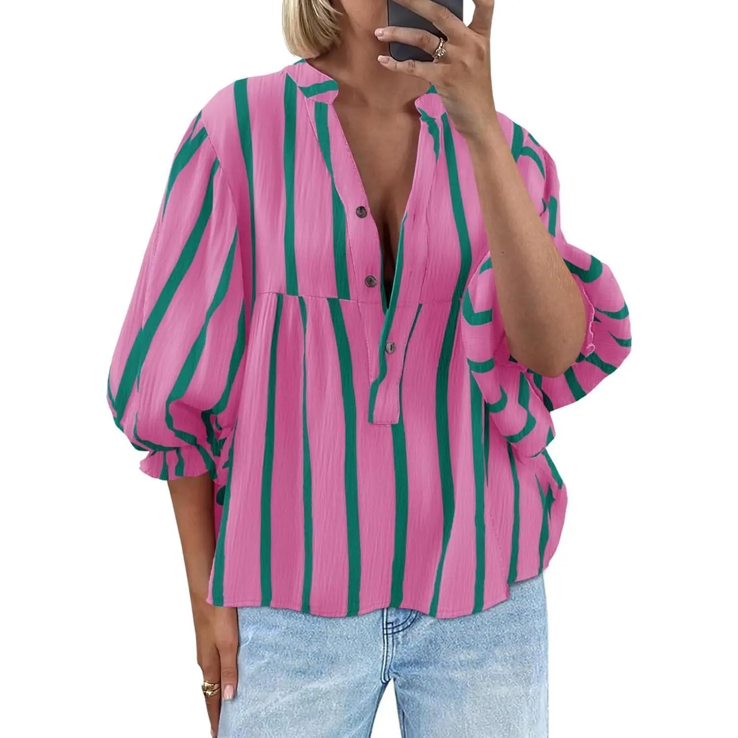 Imily Bela Women's Striped Babydoll Blouse - V-Neck Puffed Short-Sleeve Loose-Fit Button-Down Top, Basic Casual Ready-to-Wear, Short Length, Polyester, Size M, Puffed Sleeves