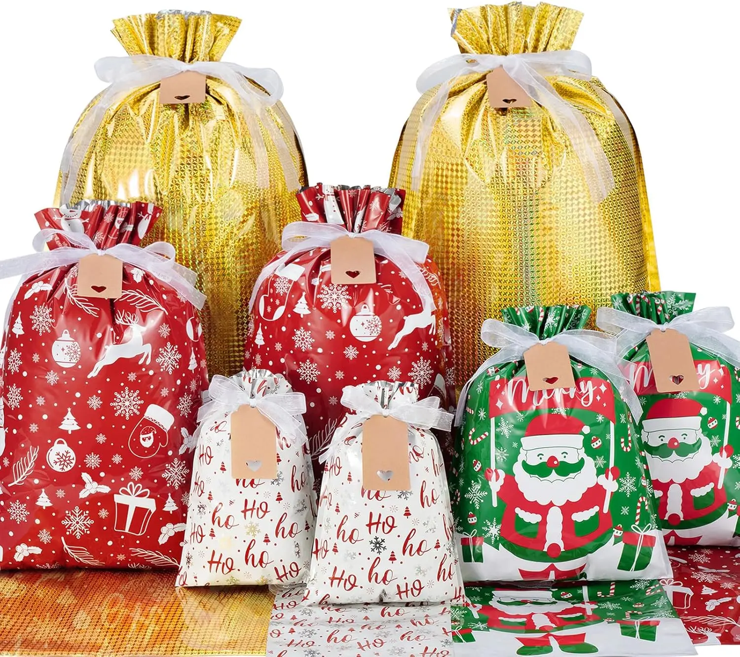 Christmas Drawstring  Bags with Tags - 40 count Christmas  Bag Assorted Size Large Medium Small Foil  Wrapping Bag for Birthday, Goodies, Xmas Holiday Party Favor Decoration Supplies