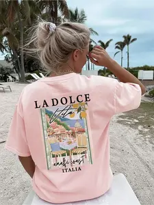 Casual Loose Round Neck T-Shirt, Y2K Fashion Streetwear Casual Wear, Amalfi Coast Print Loose Short Sleeve, Summer Fashion Daily Vacation Clothing, Fit, Womenswear