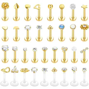 Sanfenly34PCS Lip Rings for Women Men 16G Medusa Labret Lip Piercing Jewelry 6MM 8MM Lip Ring Studs Silver Gold Black Rose Gold Tragus Helix Cartilage Earrings