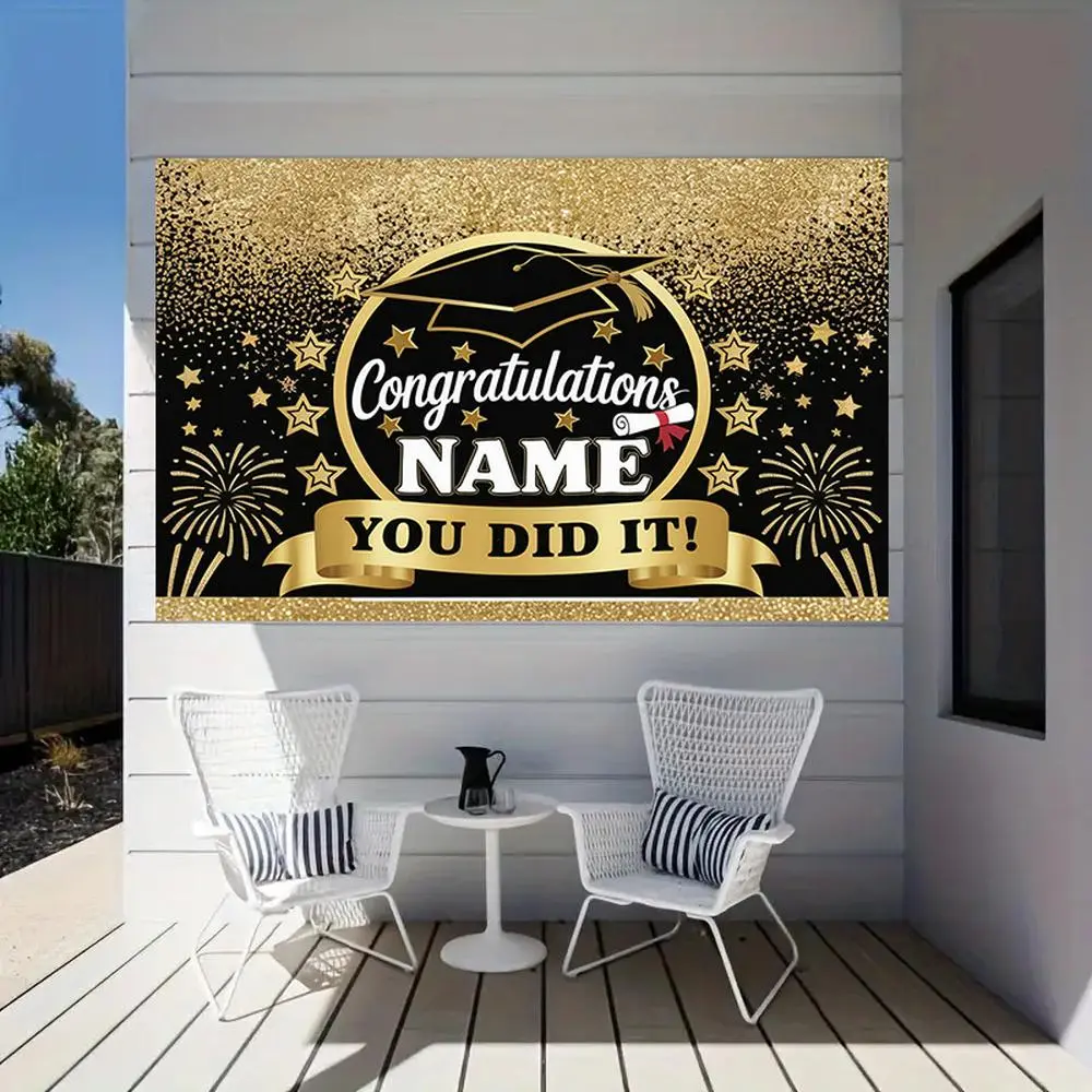2D Flat Polyester Photography Backdrop Banner - Black Gold Glitter Custom Name Graduation Decor, "Congratulations YOU DID IT!", HD Printed, Soft, Lightweight, Foldable Cloth for Graduation Occasion Events