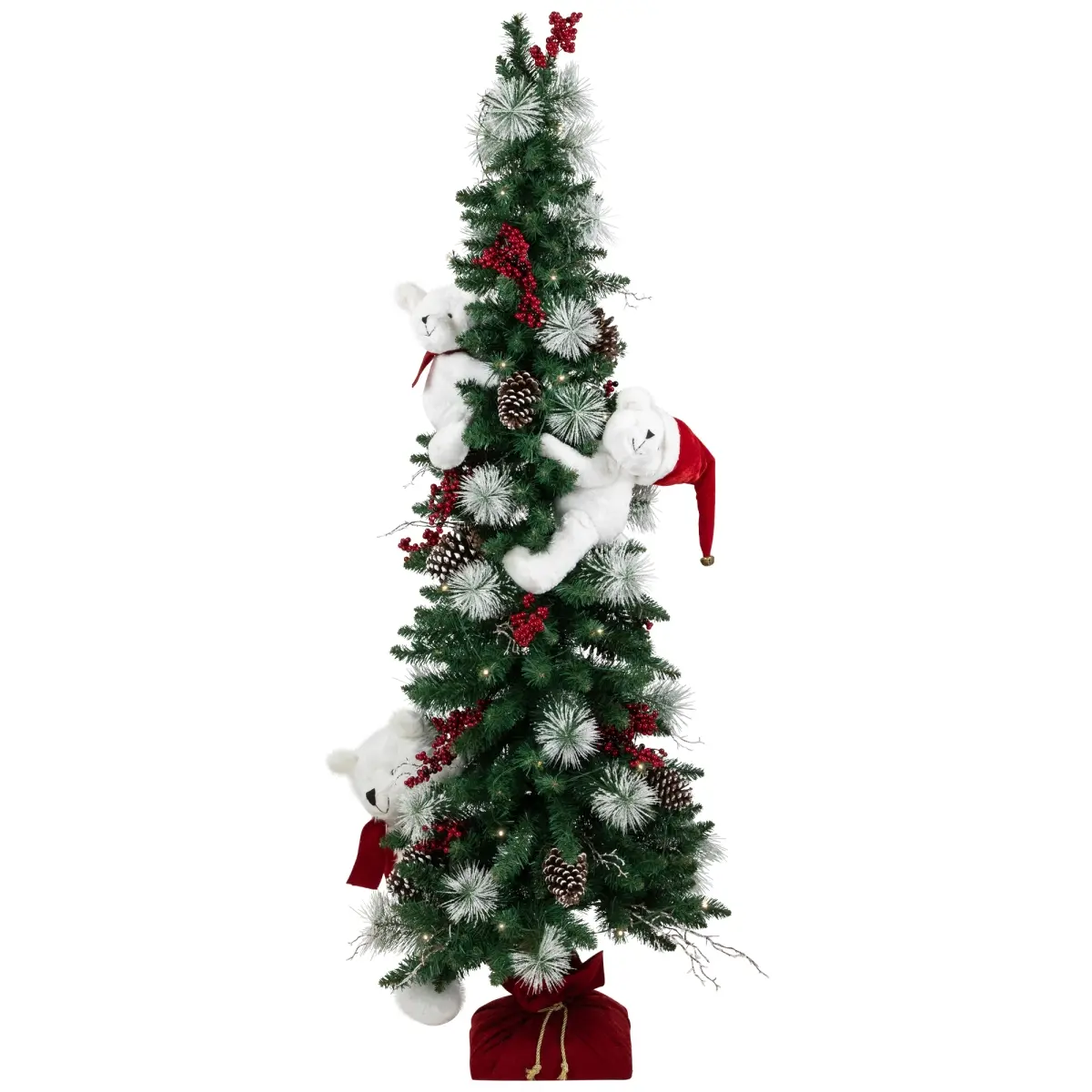 67" High Battery-Operated PVC Arctic Christmas Tree with 360 Stand, Polar Bears, Hook, Cloth Hat, Ornaments Pack, Pine Cones, Light-Up Festive Home Decor (Batteries Included, Decorative Use Only), With Stand