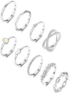 9PCS Silver Rings for Women Girls 14K Gold Plated Stackable Knuckle Rings Set CZ Heart Stacking Band Ring Simple Dainty Wedding Ring Elegant Everyday Ring Comfort Fit Size L1/2-V1/2 Elegant Fashion Rings
