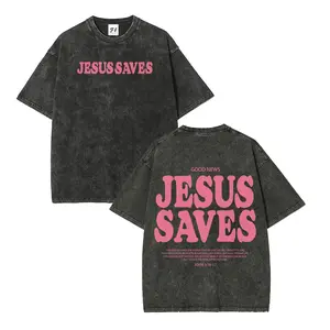 Mens Fashion Short-Sleeve Cotton T-Shirt - Unisex Retro Stretch Graphic Clothes, Soft Streetwear Casual "Good News Jesus Saves" Vintage Washed Round Neck Top