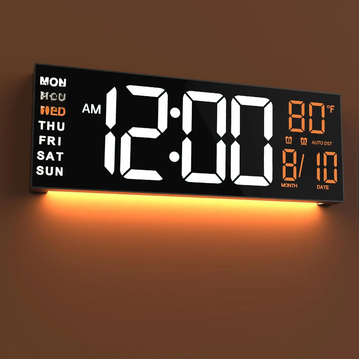 16" Large Digital Wall Mount Clock, Count Down Timer, , Big LED, RGB Color, DST, Temperature for Living Room Classroom Desk, Xmas, Birthday  for Senior Mom Dad, White Orange