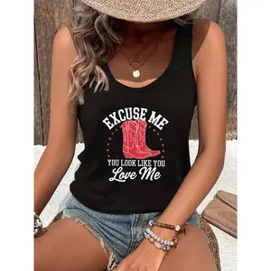 Women's Graphic Tank Top - "EXCUSE ME YOU LOOK LIKE YOU LOVE ME" Print, Black, Sleeveless, Round Neck, Short, Fitted, Medium Stretch Stretchy Fabric, Machine Washable, Lady Casual Summer Weekend Style Statement Sports Top