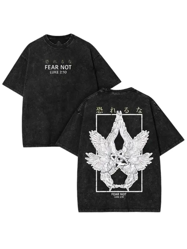 Men's Distressed Vintage Short-Sleeve Casual T-Shirt - Washed Oversized Unisex Menswear Streetwear Grunge Top with Jerusalem Cross, Medieval Christian "Fear Not" Faith Apparel for Father's Day Gift, Sport, Fitted, Graphic, Figurative Print, Tshirt, Faith-