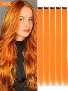 5 PCS Orange Colored Clip In Hair Extensions 20 Inch Long Straight Hairpieces Clip In Synthetic, Halloween Cosplay Dress Up Fashion Party Christmas New Year Gift For Women Christmas New Year Carnival Music Festival Use(Orange)