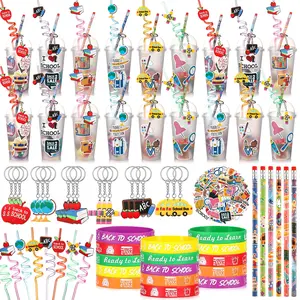 24 Set Back to School Gifts for Students First Day of School Party Favors Gift Cups Filler for Supplies include Lid Cups Straws Keychains Decors Silicone Bracelets Pencils Stickers for Class Rewards Welcome Prize Stationery Goodie Bags Fillers