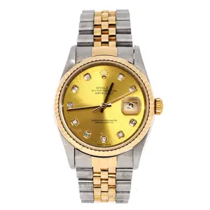Pre-owned Rolex Oyster Perpetual Datejust Automatic Watch Stainless Steel and Yellow Gold with Diamond Markers 36 by Rebag