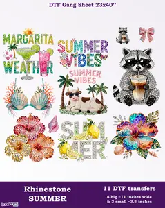Rhinestone Summer DTF Gang Sheet: 11 Ready To Press Transfers - 23x40, Full-Color Printing, Same/Next Day Shipping Faux Rhinestone Gansheet