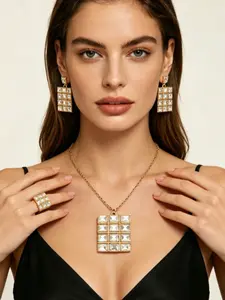 Luxury Checkerboard Rhinestone Necklace Earrings Ring Set, 18k Gold Plated Evening Jewelry, Casual All-Season Accessories