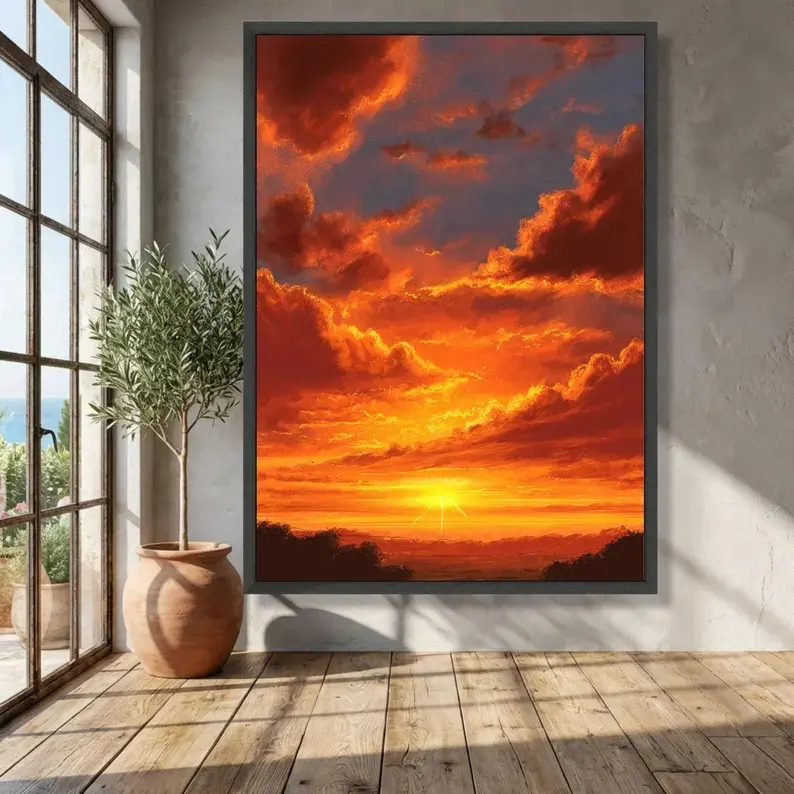 Fiery Sunset Canvas Art, Dramatic Sky Wall Art, Orange Cloudscape Landscape (Gallery Wrapped)
