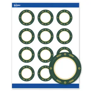Avery Printable Labels with Sure Feed Technology, Round, 2" Diameter, Pre-Printed Green & Metallic Gold Border Design, Matte White, Laser & Inkjet Compatible, 120 Total
