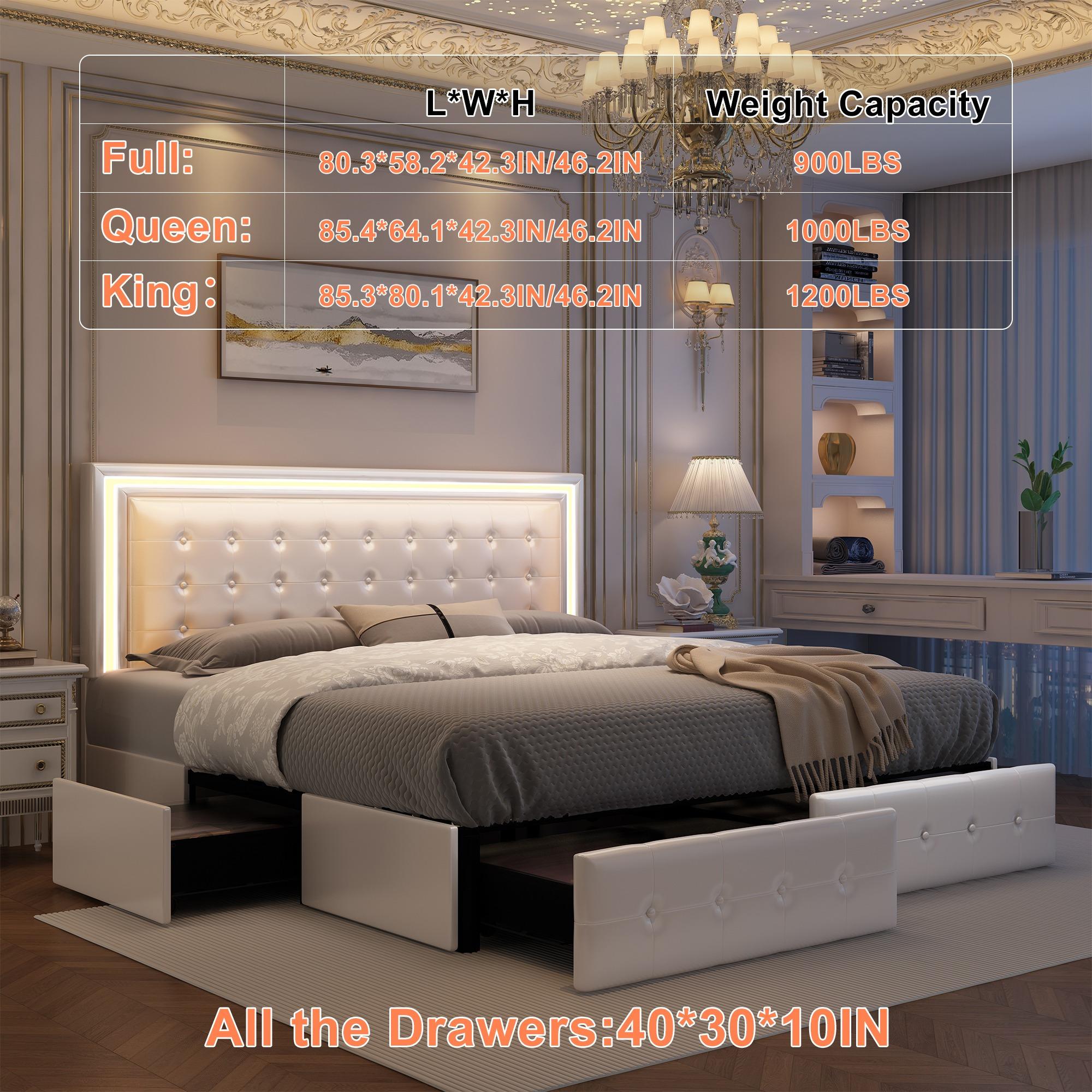 GEGOFORU Queen LED Storage Bed Frame with 4 Drawers, Smart RGBW LED Headboard with Remote Control, PU Upholstered Modern Platform Bed, Gray (Cama Queen con LED y Cajones)