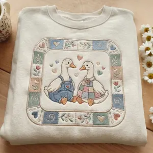 Thrifted Geese Embroidered T-Shirt Sweatshirt Hoodie Vintage Grandma Geese, Cottagecore Folk Art Goose, Cozy Retro Animal Gift
