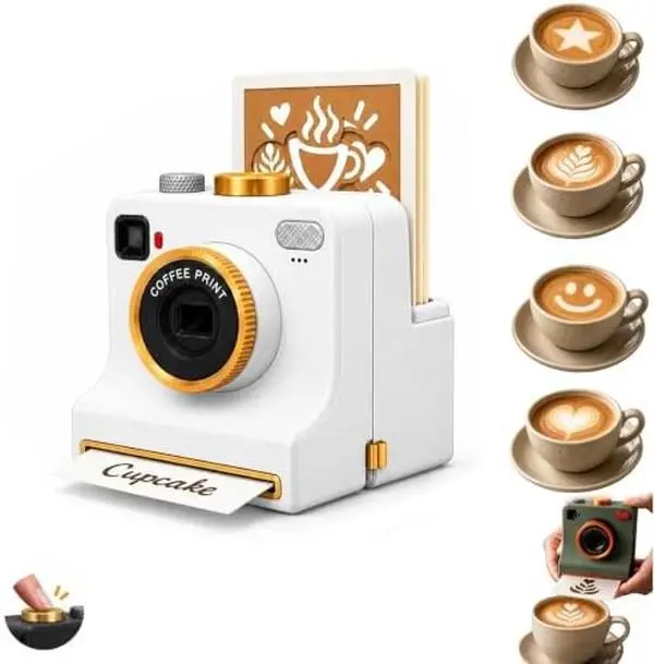 3D Printed Latte Art Camera, Manual Coffee Printer with 4 Coffee Stencils and 2 Mesh Filters, Mechanical Powder Art Maker for Cappuccino Cocoa, Chocolate, Home Cafe