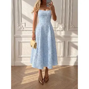 Ciel Fashion Floreya Summer Elegant Solid Color French Style High-End Graceful Waist Decorated Slim Fit Sling Midi Dress, Blue Party