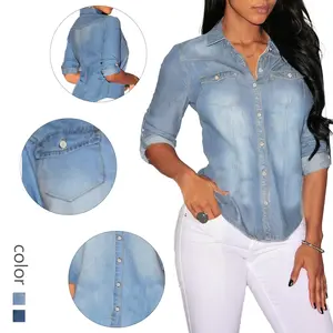Classic Denim Button Down Shirt for Women - Light Wash Jean Shirt with Chest Pockets