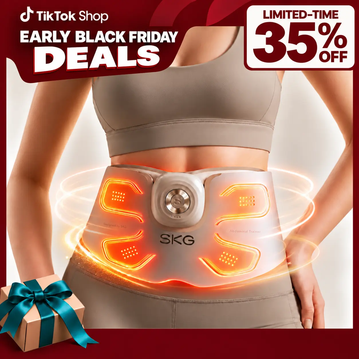 SKG FlexNova Abdominal Trainer Belt - Abdomen Zone, Waist Focus, EMS + TENS Technology, Heat Therapy, 620 nm Red Light, 9 Intensity Levels, Detachable Body Massage Pad,Black Friday wellness deals